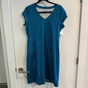 LL Bean V-Neck Dress Blue Pullover Side Pocket Pullover Short Cap Sleeve Sz M